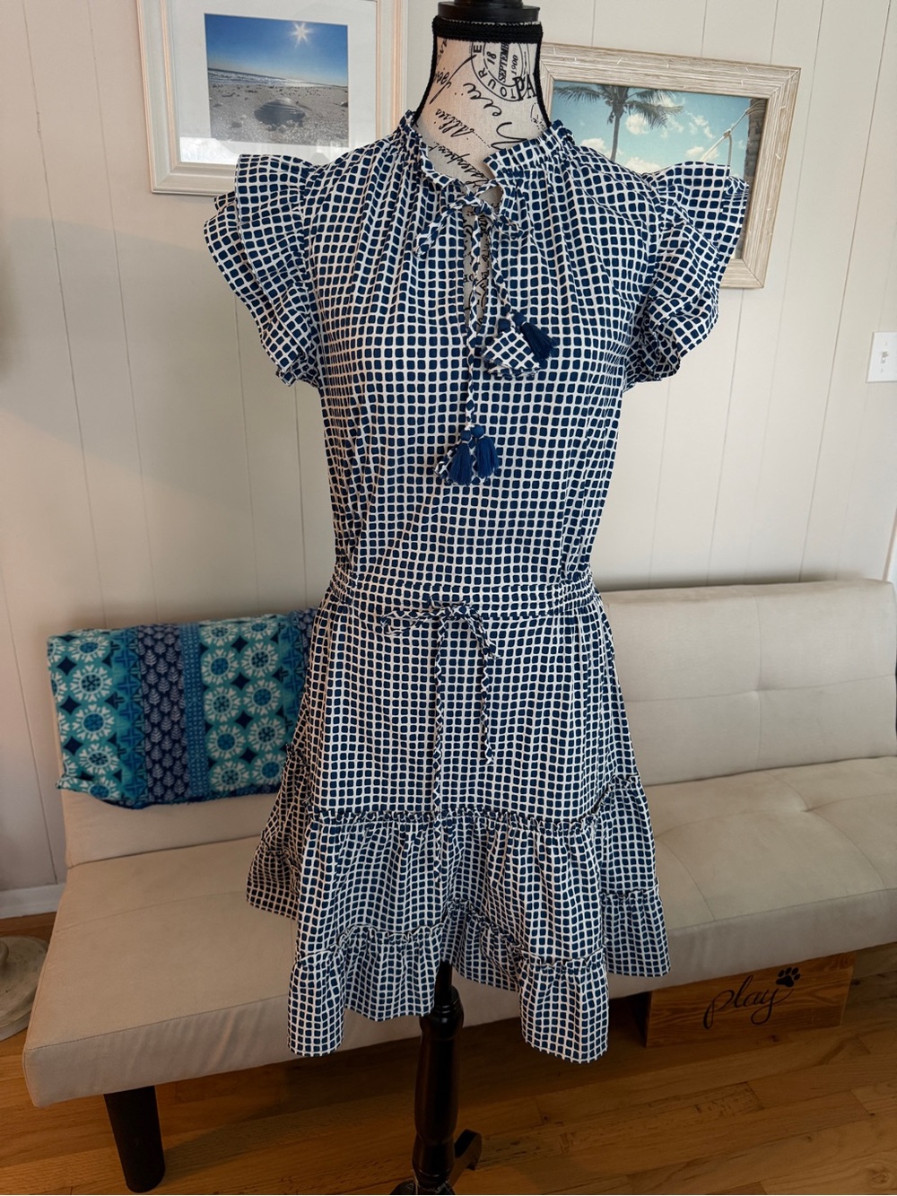 Vineyard Vines Performance Navy Grid Print Ruffled Tie-Neck Women’s Dress